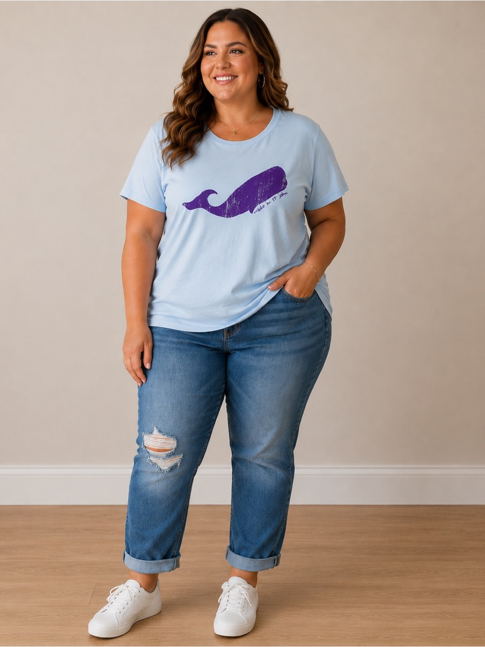 St. John Light Blue Tee with Purple Whale Graphic